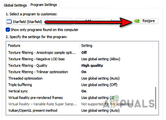 Restore Starfield Graphics Settings in the Nvidia Control Panel