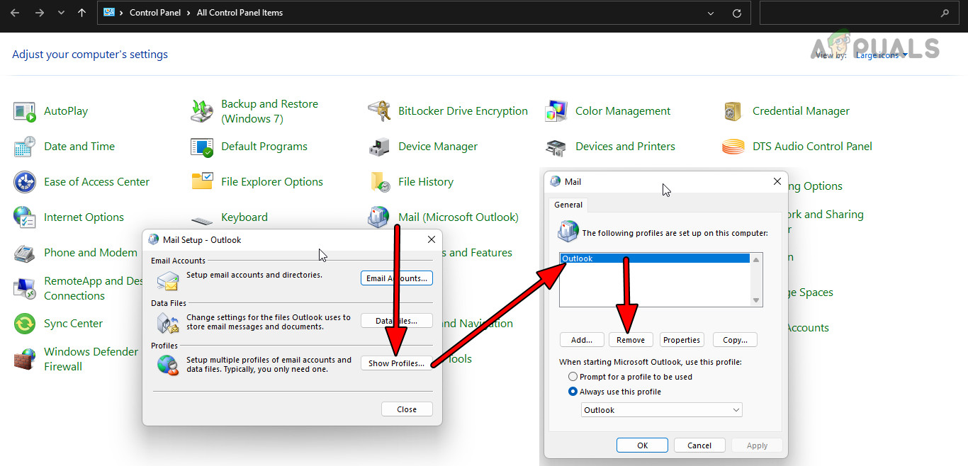 Remove the Problematic Outlook Profile Through the Control Panel's Mail