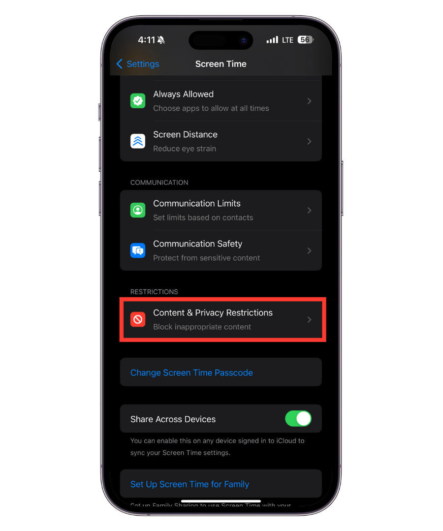 Tap Content & Privacy Restrictions