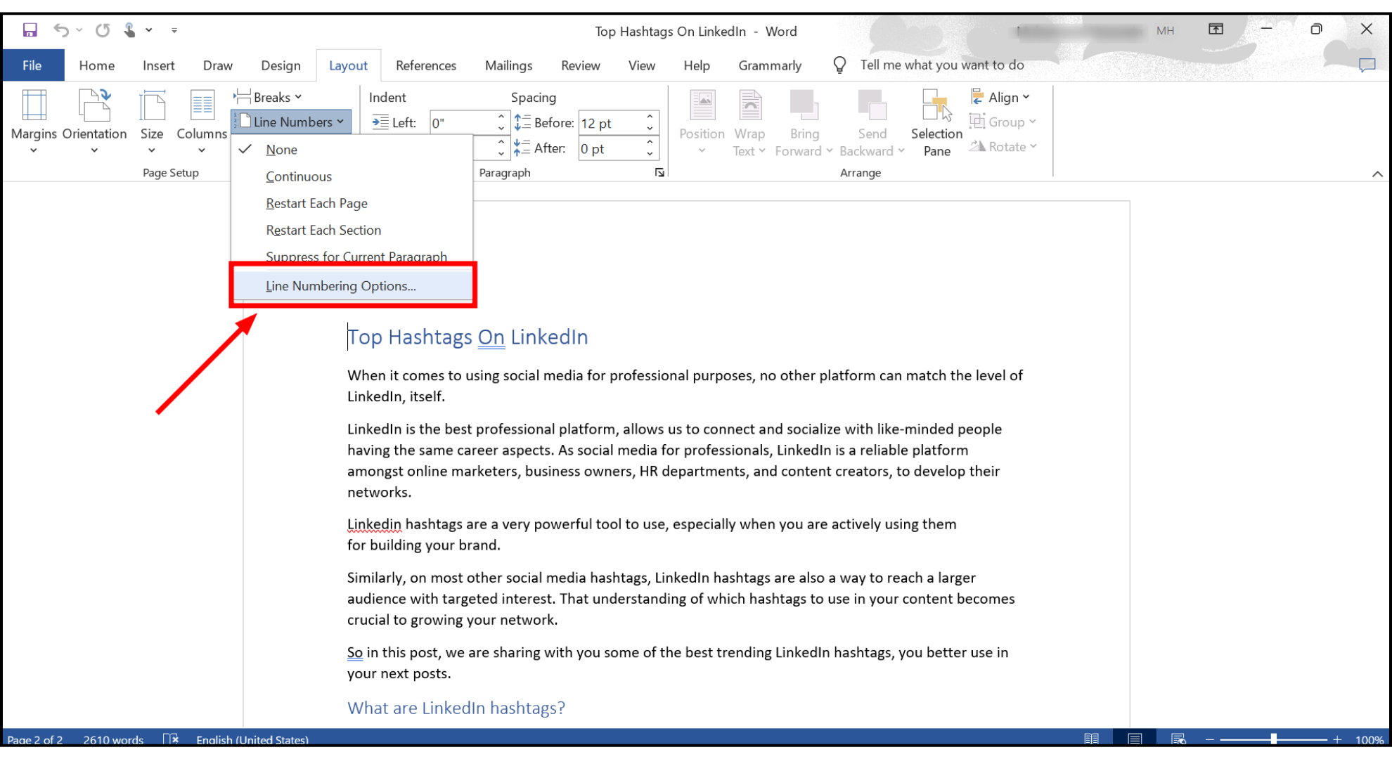 Click Line Number options