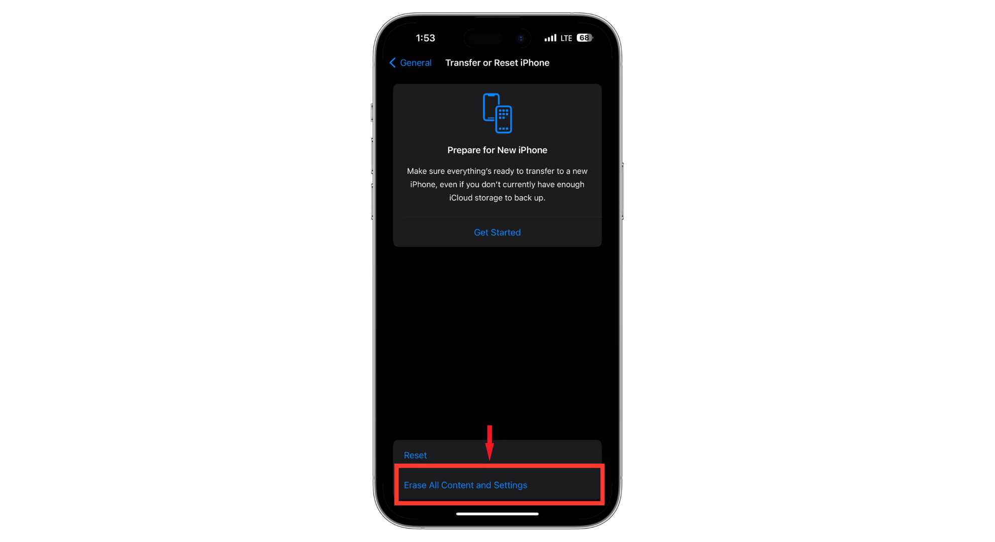 Select Erase All Content and Settings