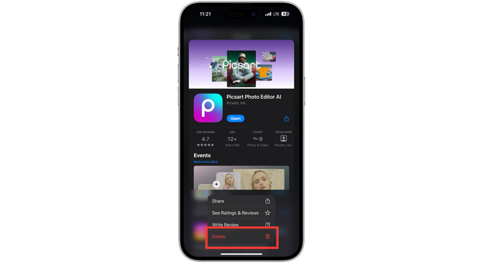 Tap Delete from the menu