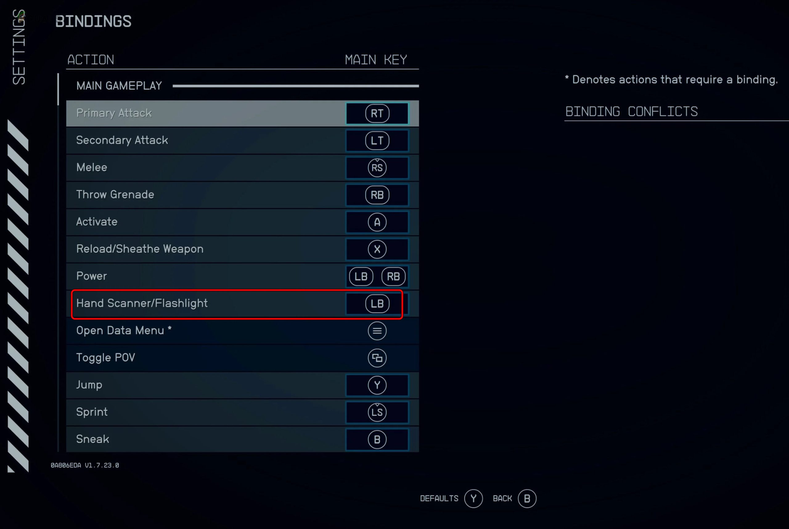 Change the Binding Key of the Flashlight in Starfield