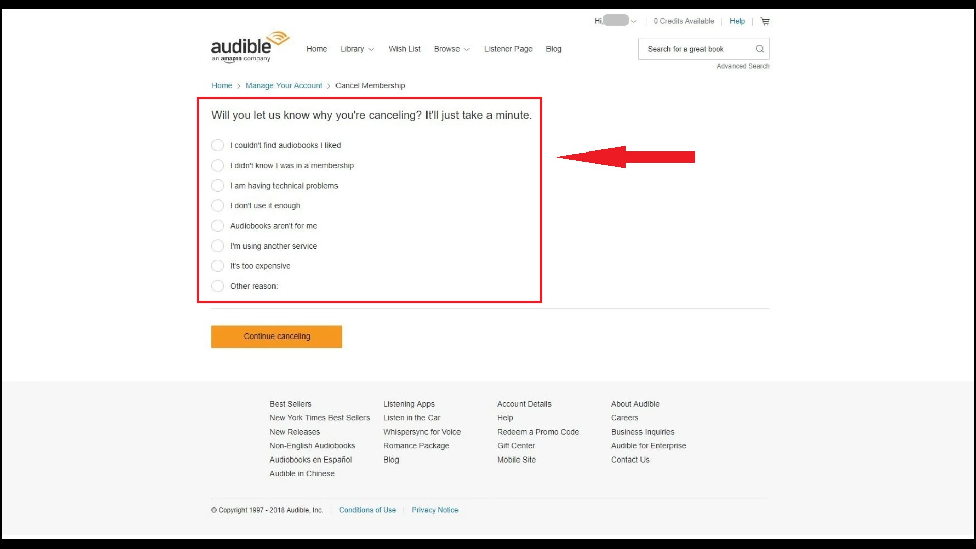3. Select your reason and click Continue cancelling