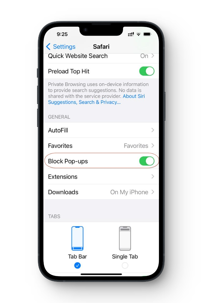Block Pop Ups Option Safari
