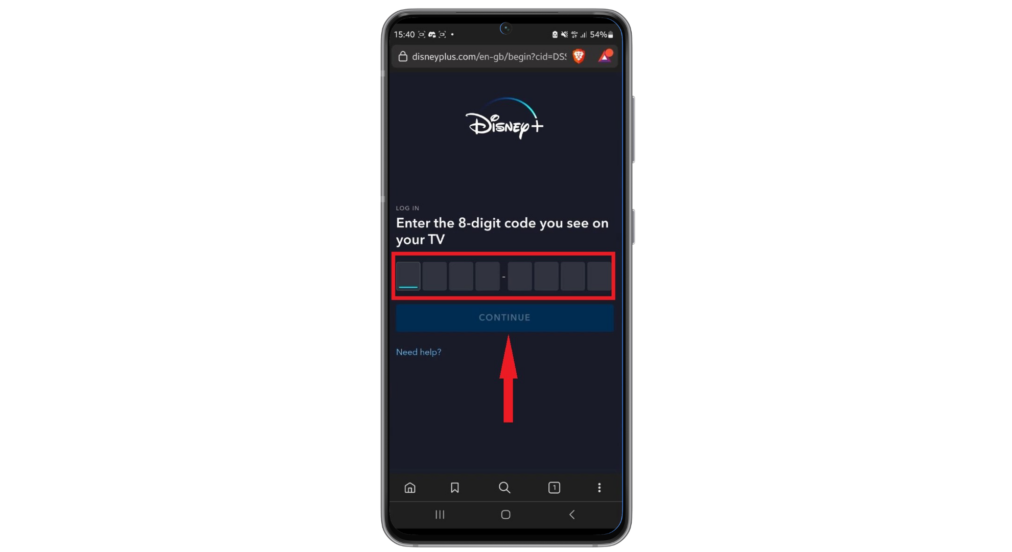 Login into your Disney Plus account, type in the 8 digit code, and tap _Continue