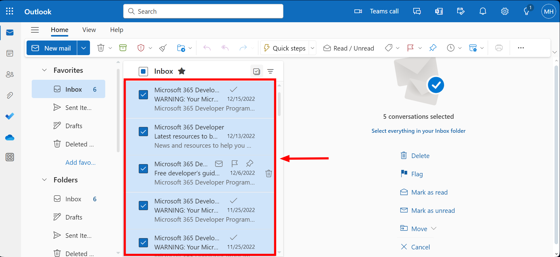 Multiple emails selected