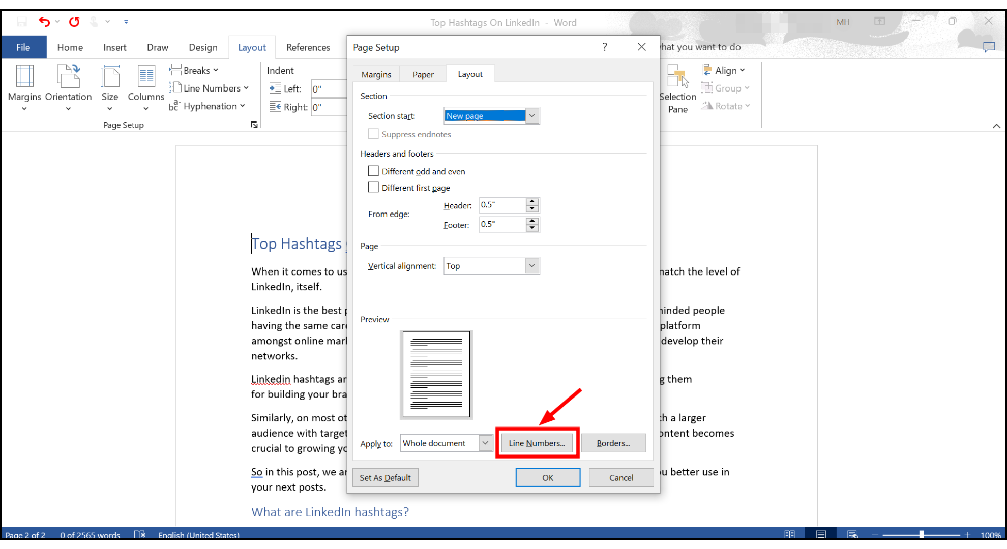 Click on Line Numbers