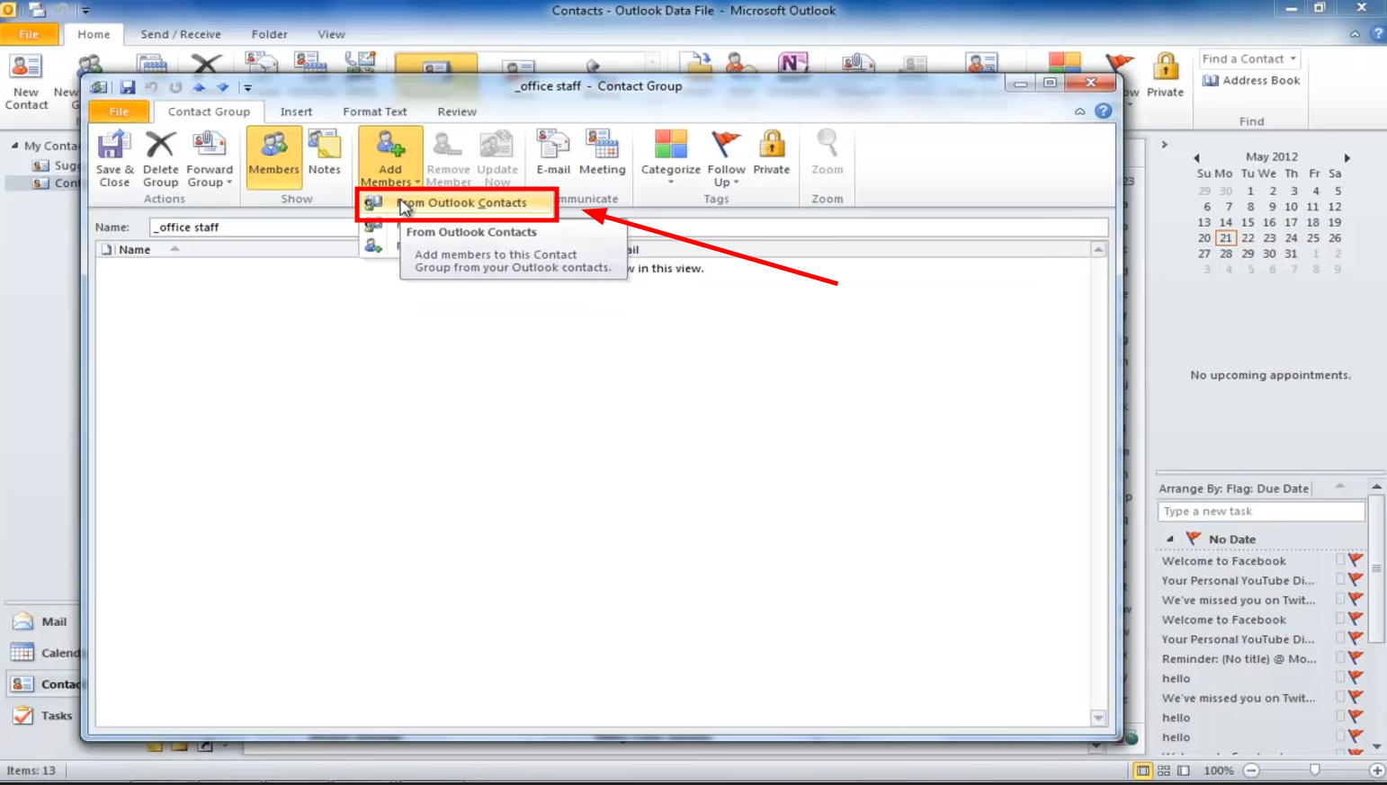 5. Click From Outlook Contacts