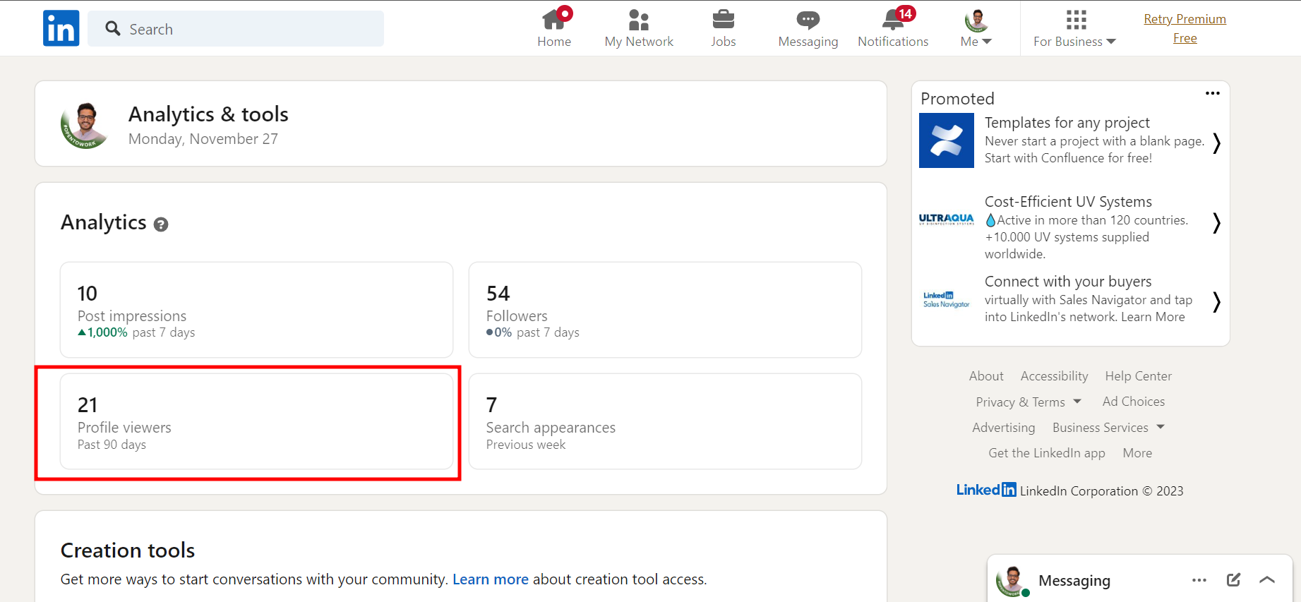 6. Here you Click on Profile Viewers option along with other analytics of your profile