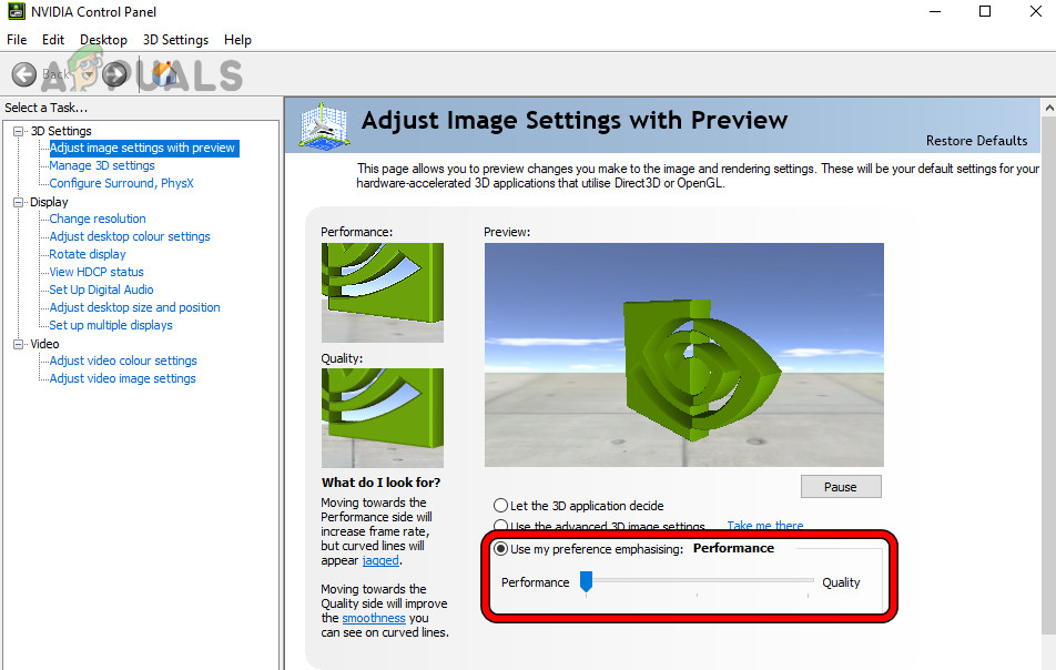 Set Use My Preference Emphasing to Performance in the Nvidia Control Panel