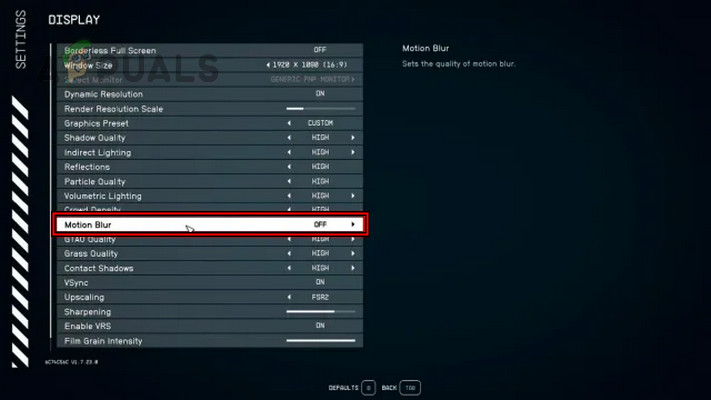 Disable Motion Blur in Starfield's Display Settings