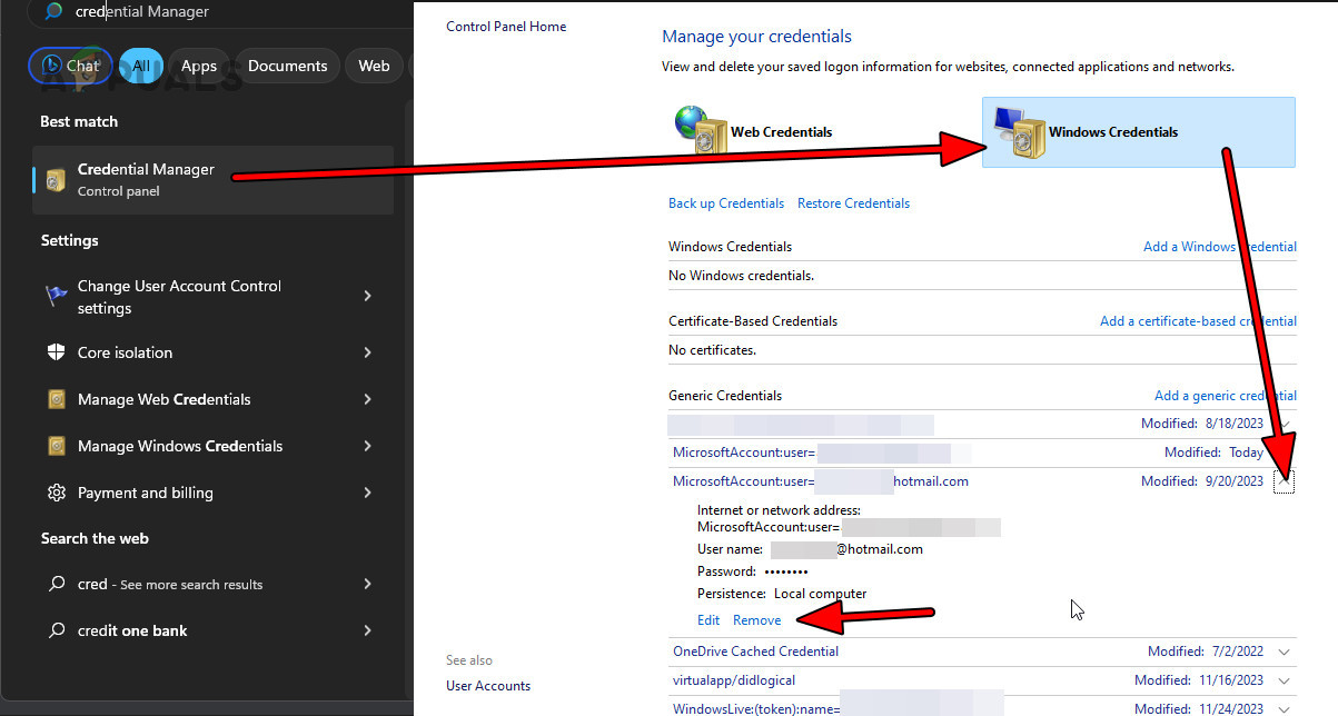 Remove the Outlook Credentials in the Credential Manager