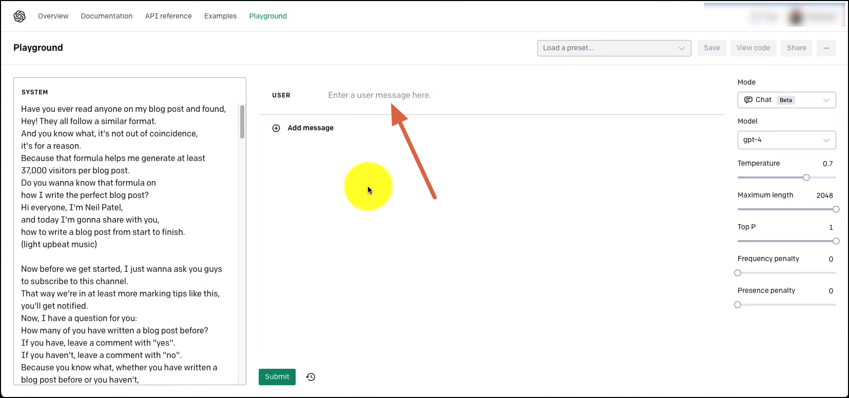 Chat with ChatGPT Playground