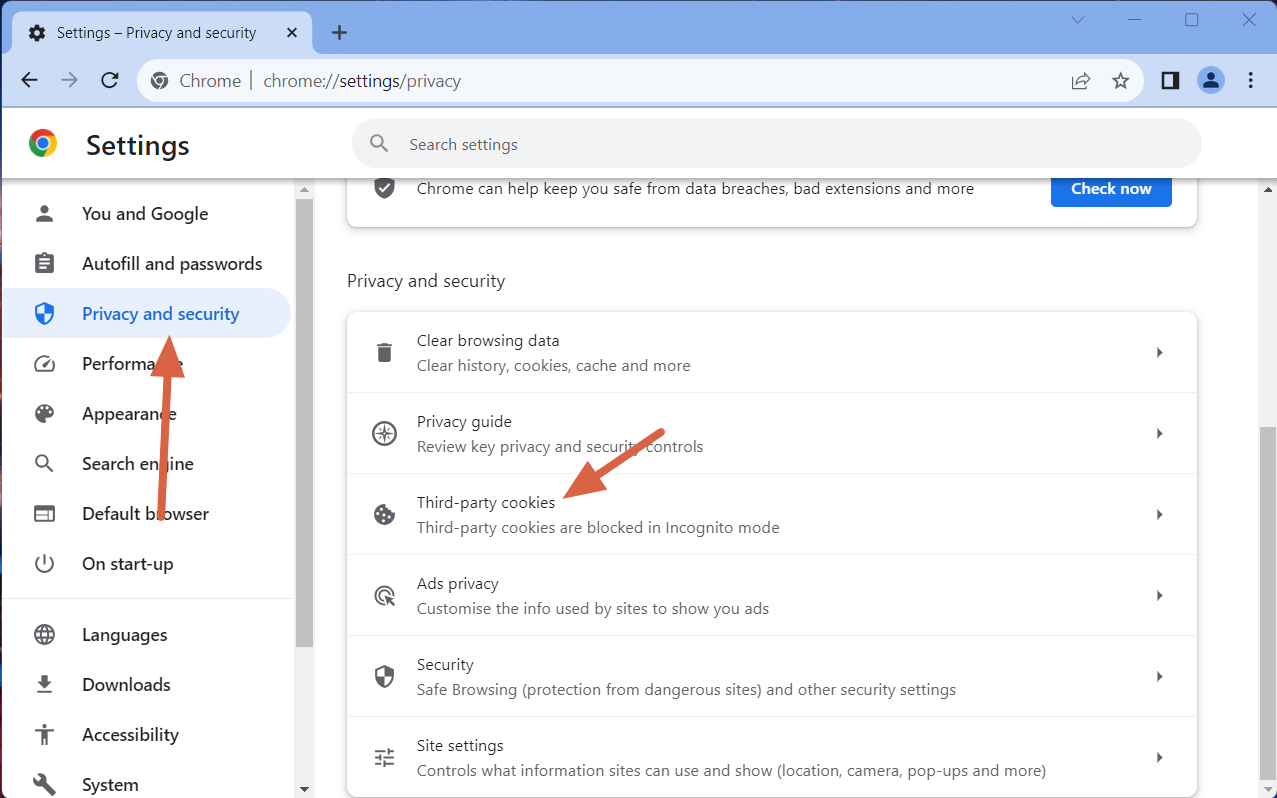 Settings > Privacy Security > Third Party Cookies