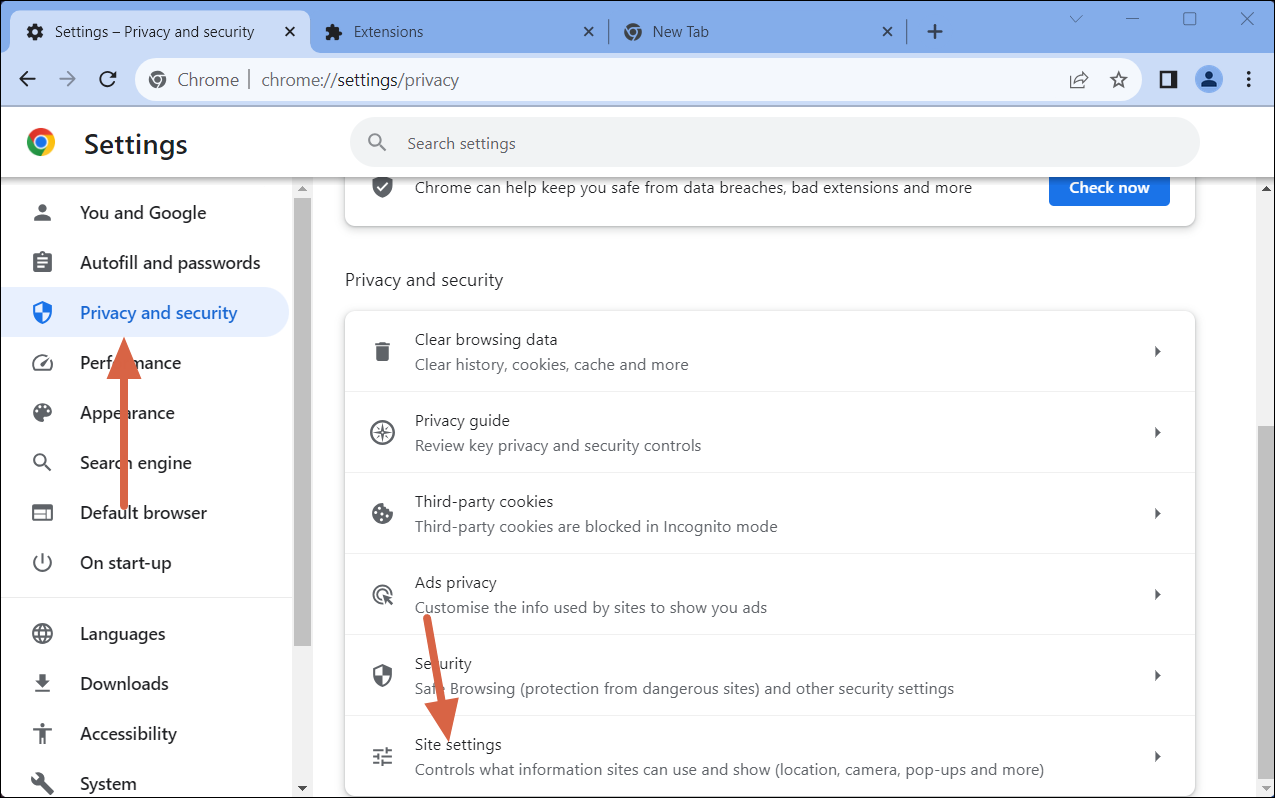 Settings > Privacy and Security > Site Settings