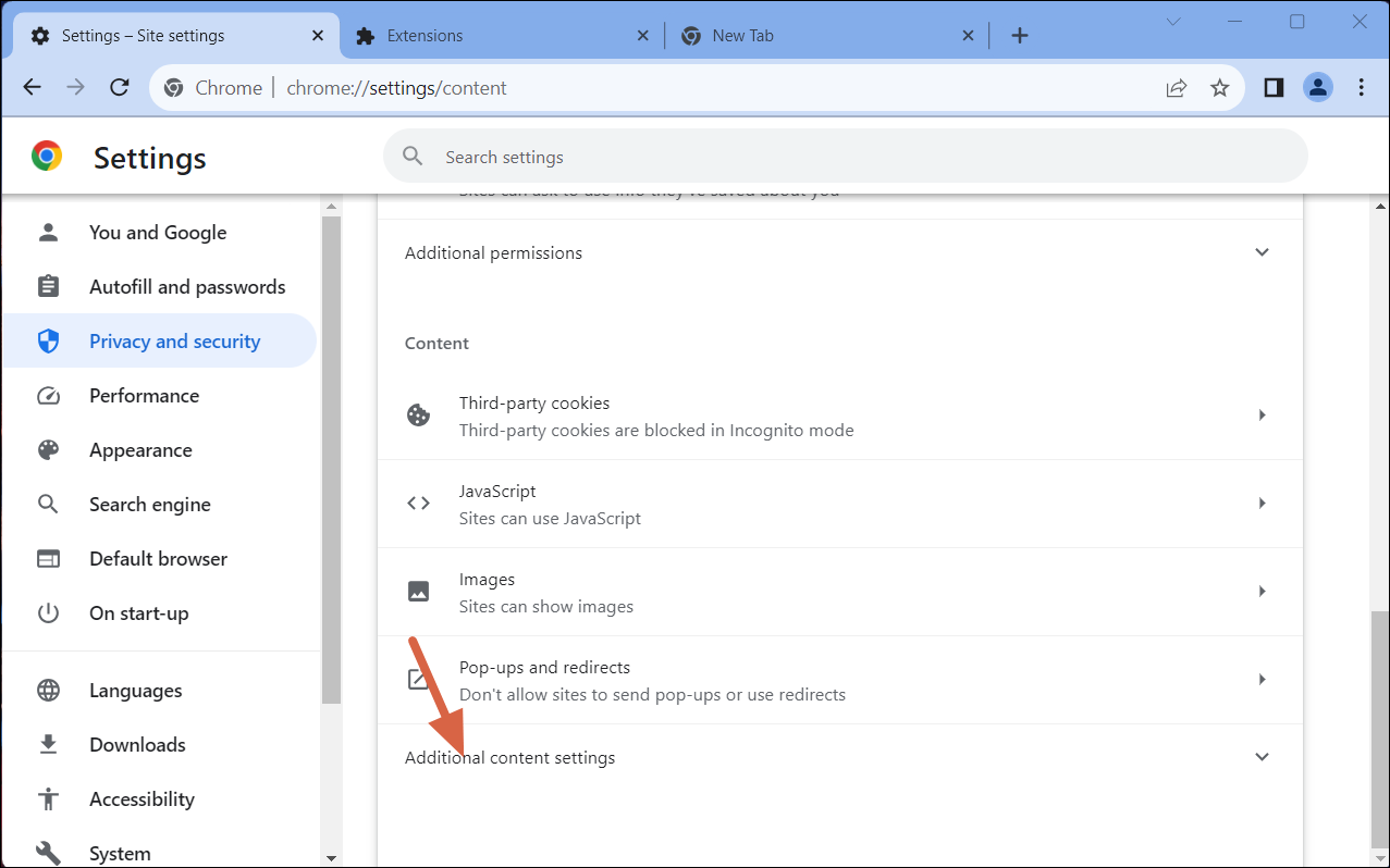 Additional Content Settings on Chrome