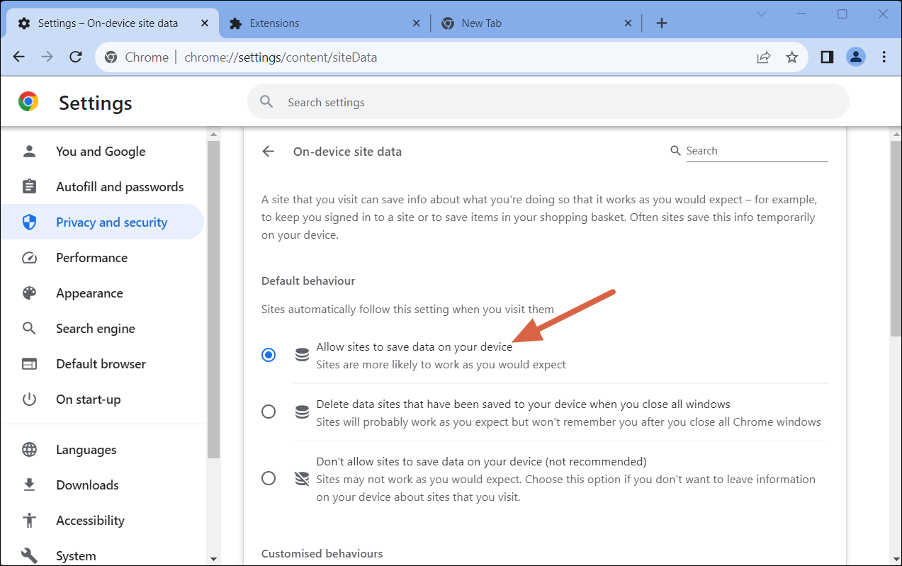 setting that allows sites to save data on your device