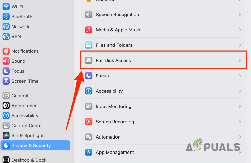 Navigating to Full Disk Access