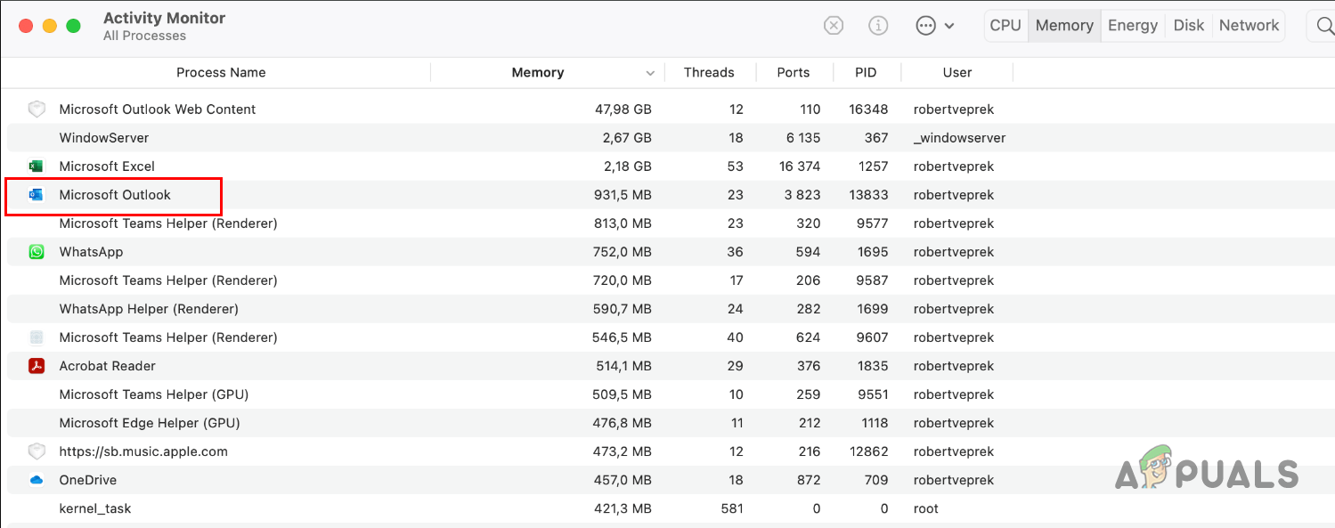 Stopping Microsoft Outlook via Activity Monitor