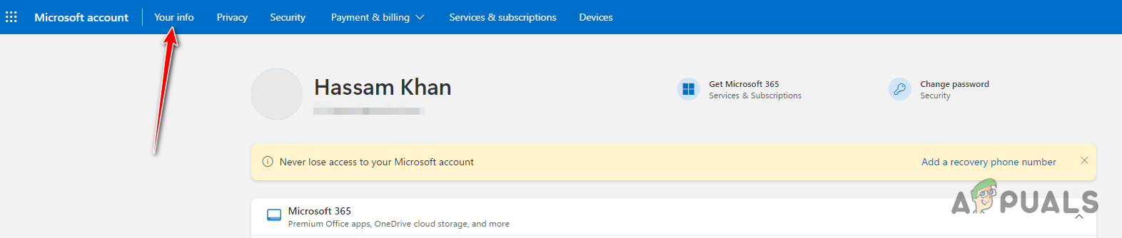 Navigating to Microsoft Account Details