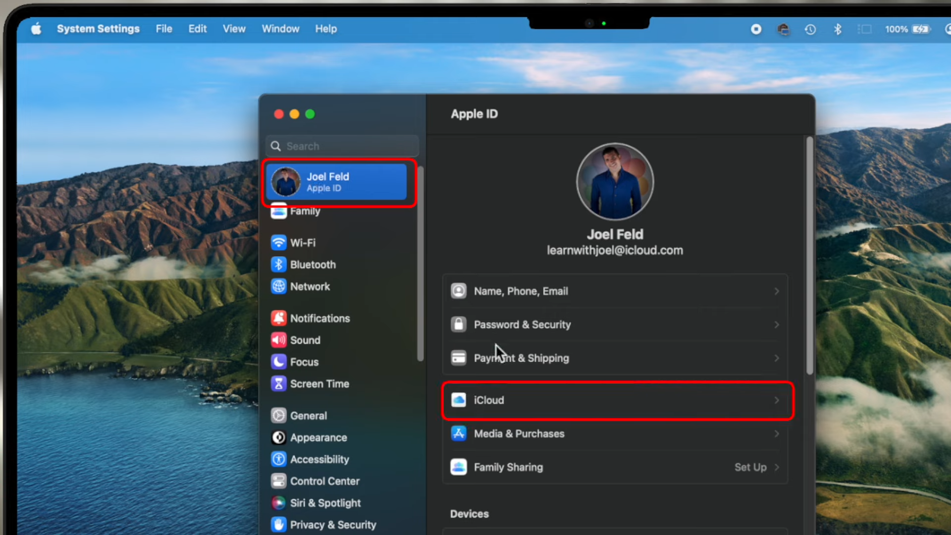 Click on Your Apple ID and Then iCloud