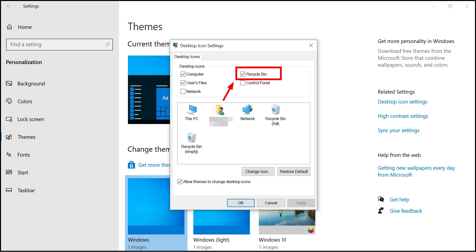 Check the box next to Recycle Bin