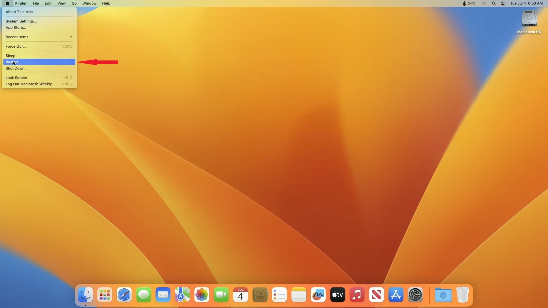 Clicking on the Apple Menu and selecting Restart
