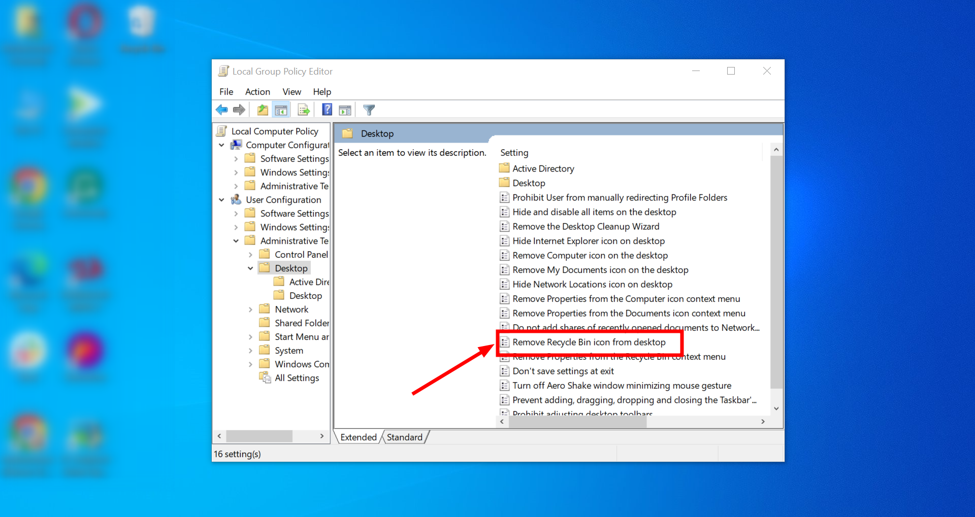 Look for Remove Recycle Bin icon from desktop