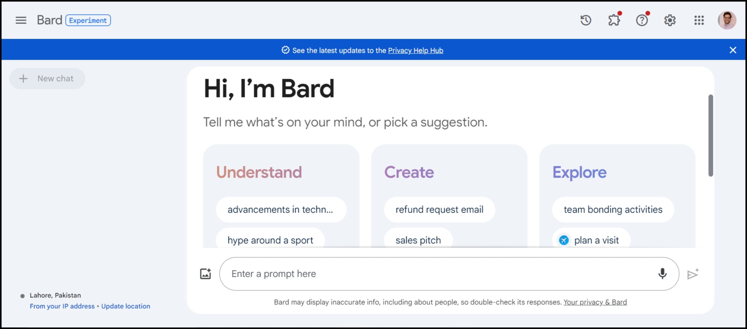 You'll see a welcome message from Bard AI saying Hi I'm Bard