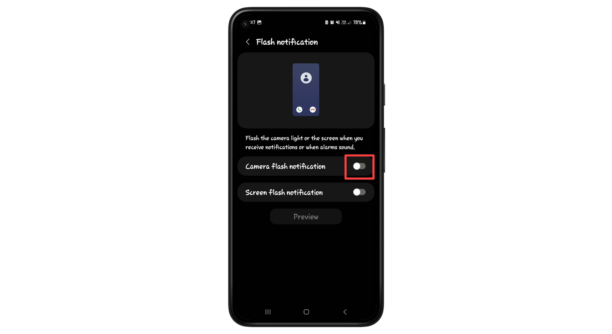 Tap the toggle next to Camera flash notification