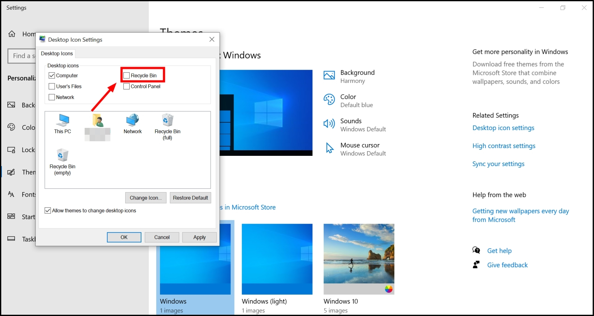 Find the Recycle Bin and uncheck the box
