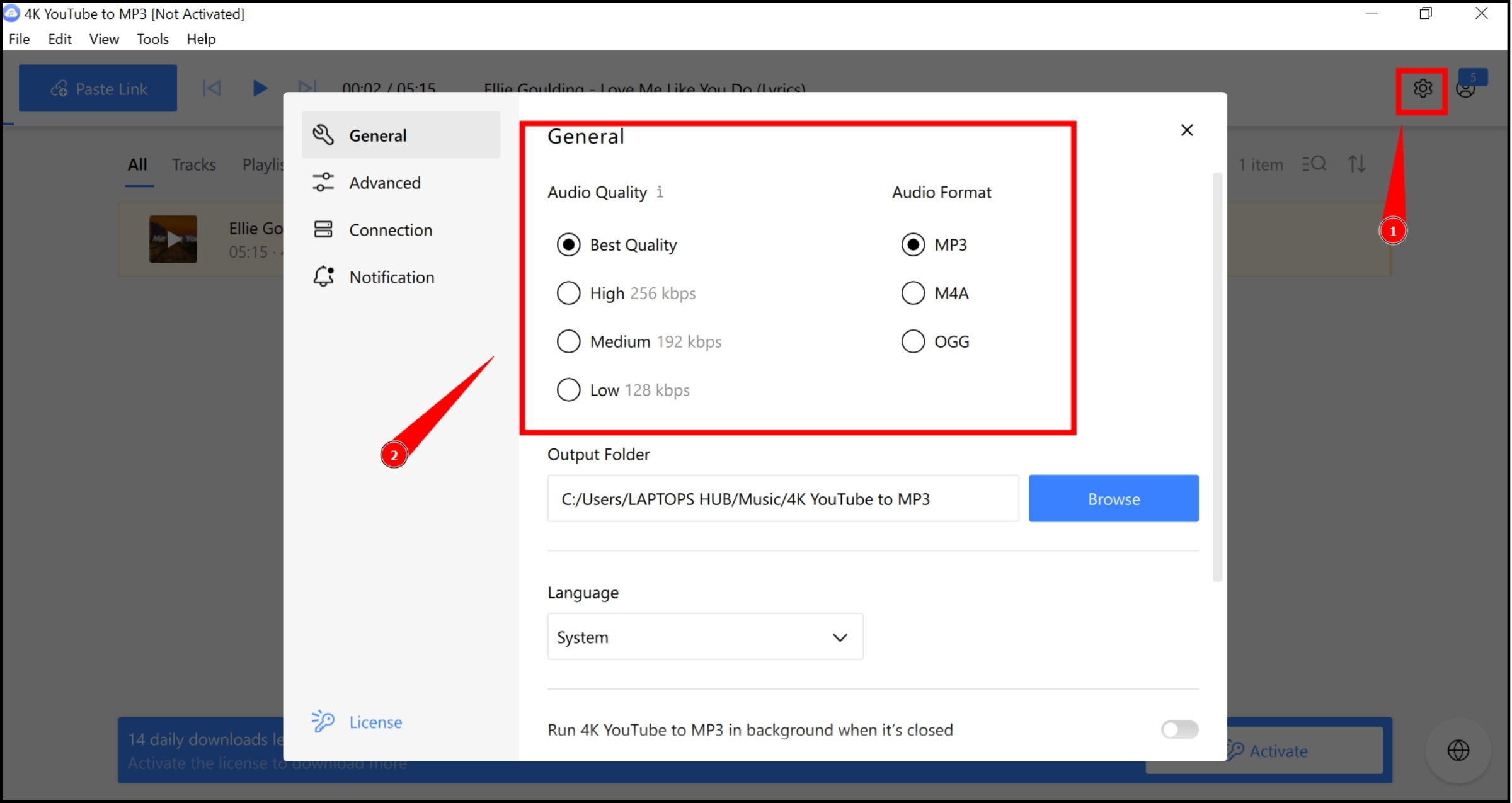 You can change the audio quality and format in the Preferences area