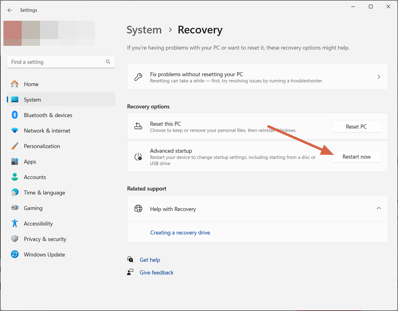 Restart into Boot Options