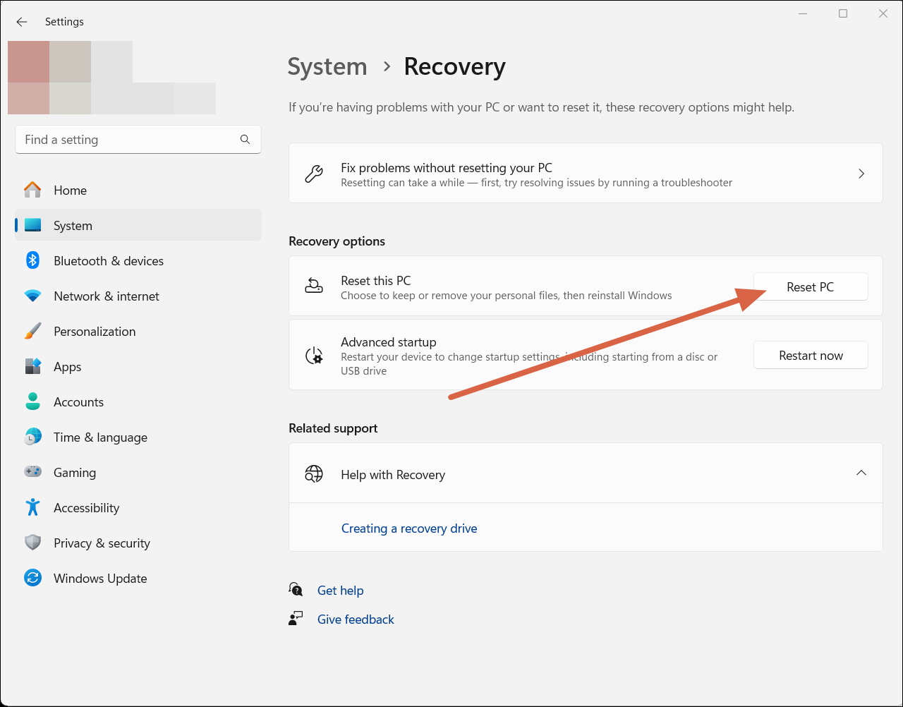 Reset this PC in Windows