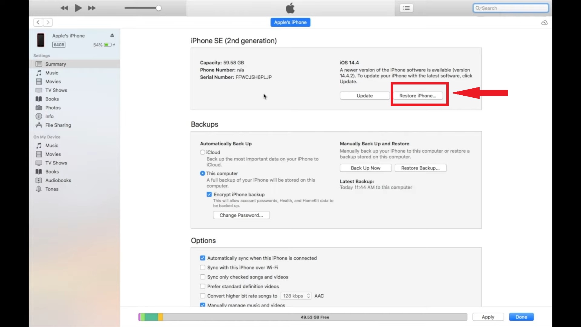 Select the Restore iPhone
