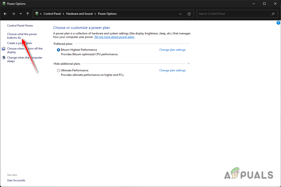 Navigating to Choose what power buttons do