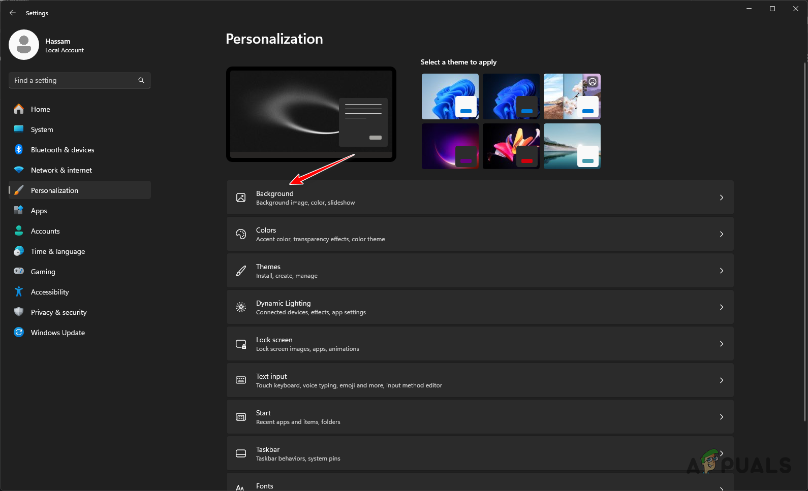 Navigating to Background Settings