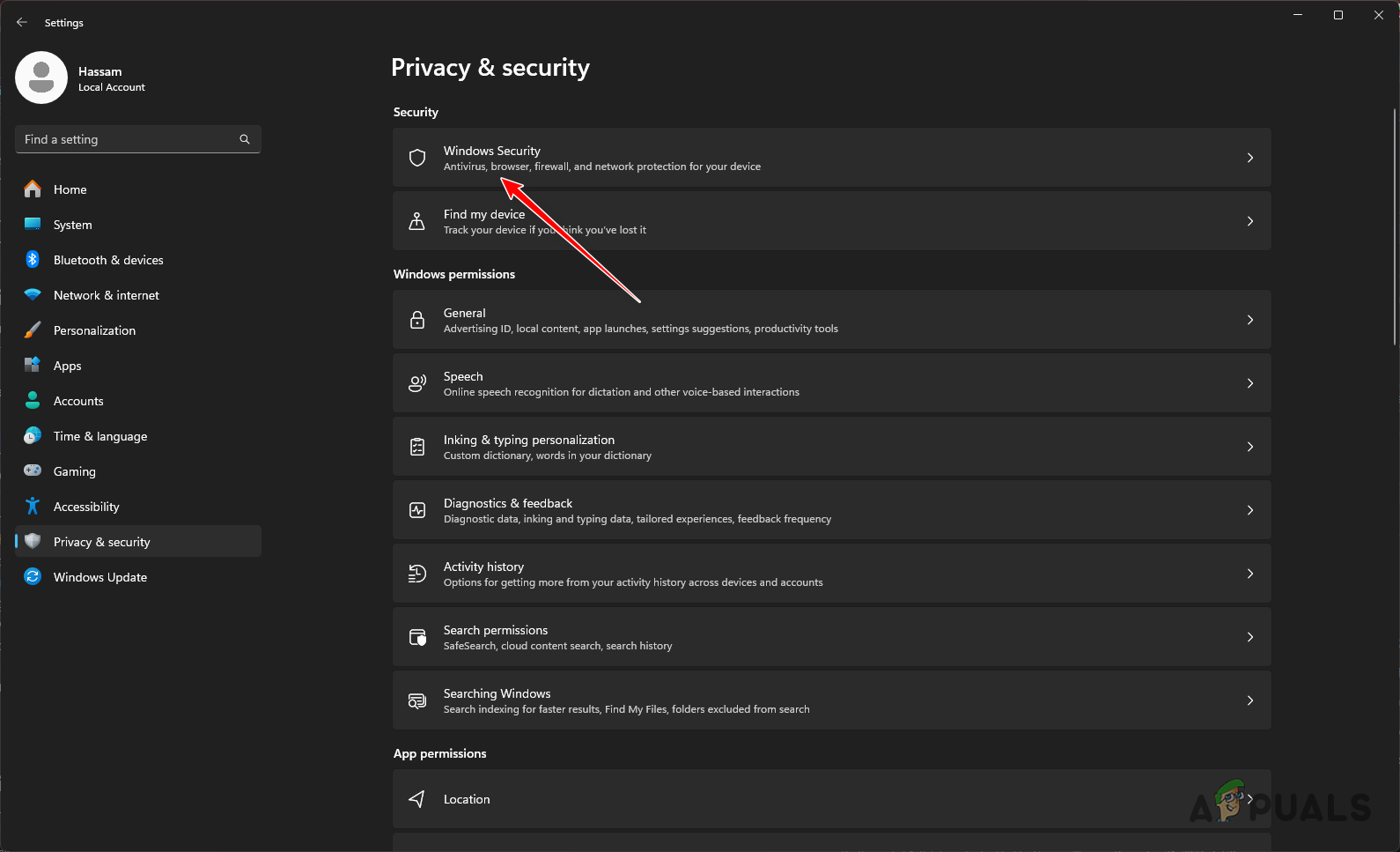Navigating to Windows Security