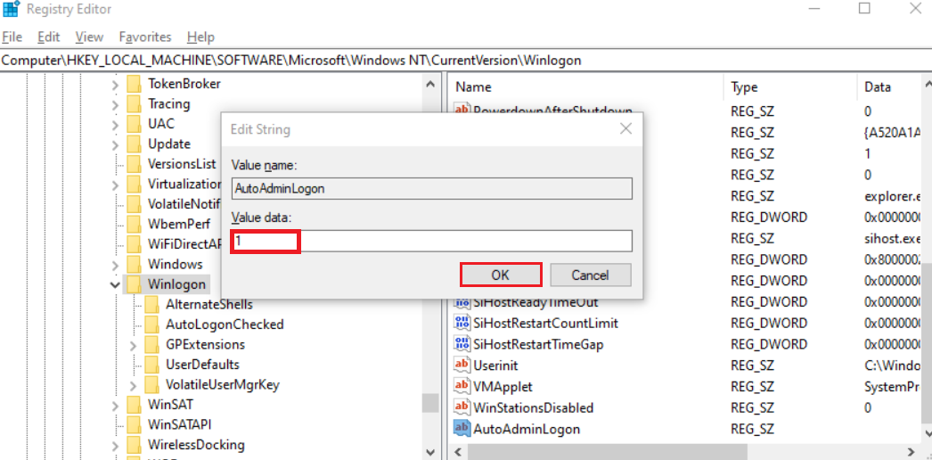 edit AutoAdminLogon value
