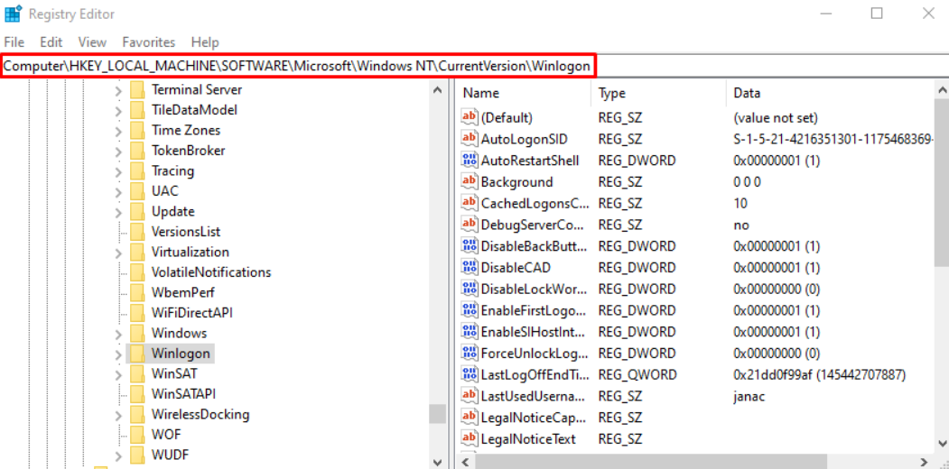 winlogon in registry