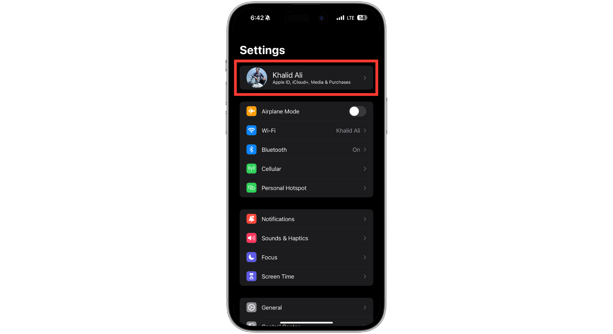 Tap on your name at the top