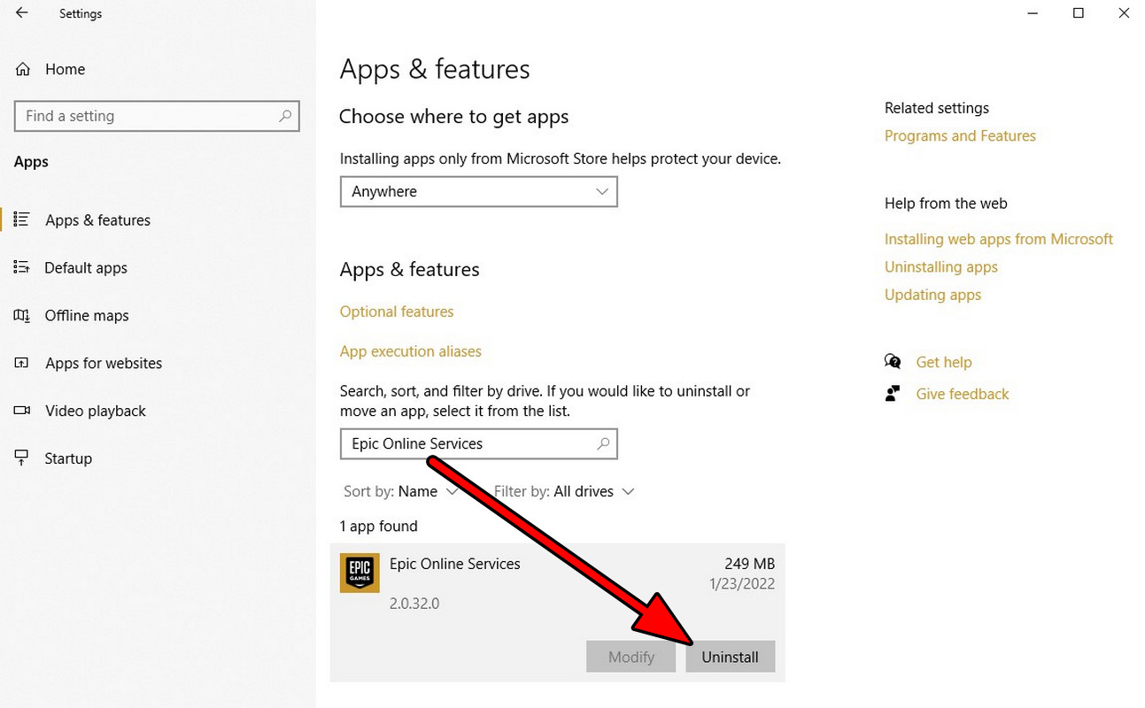 Uninstall Epic Launcher on Windows 11