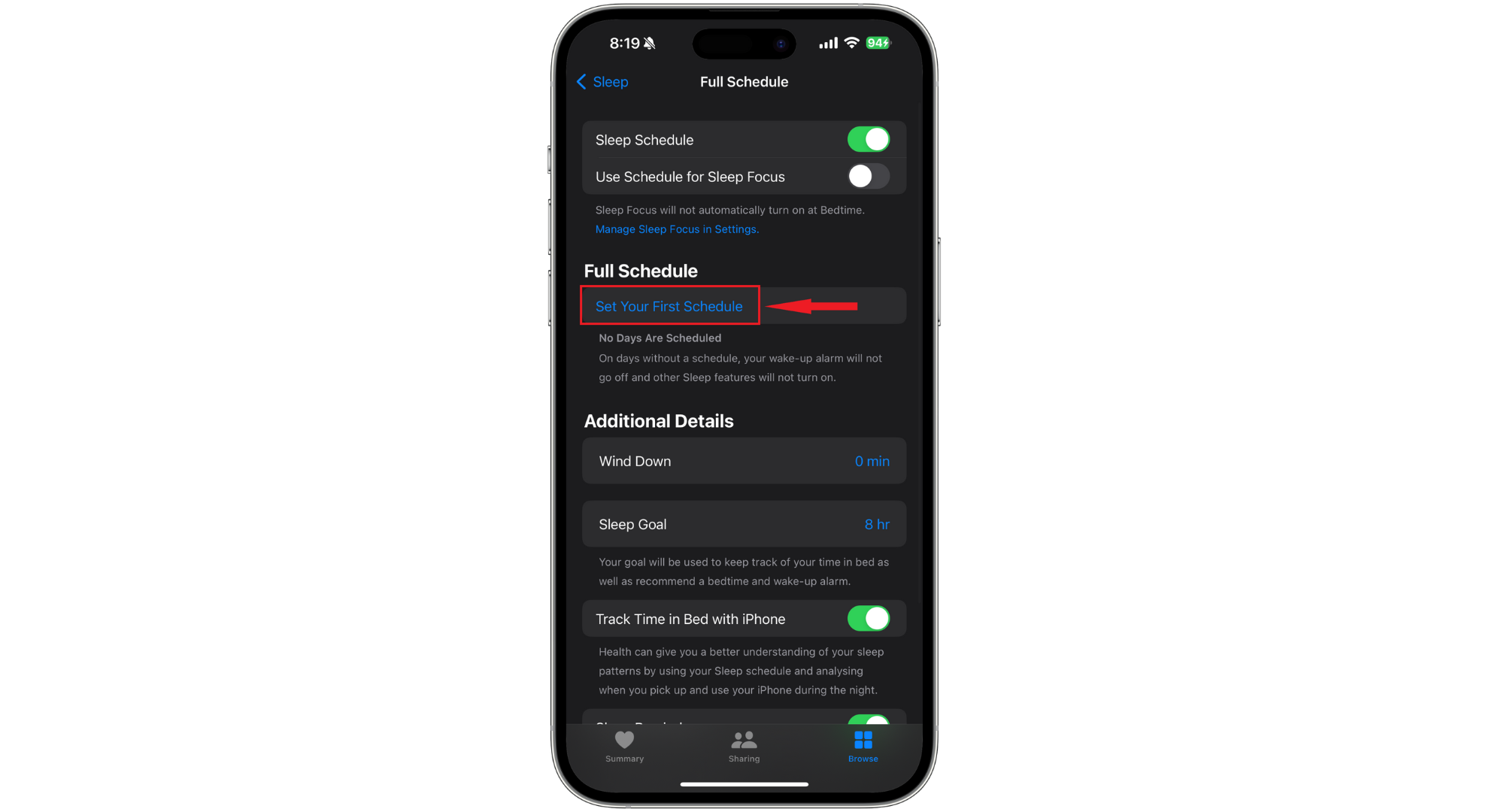 Tap Set Your First Schedule