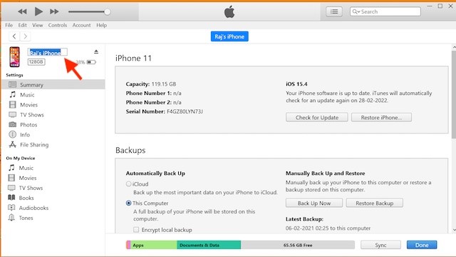 Click on your devices name in the sidebar