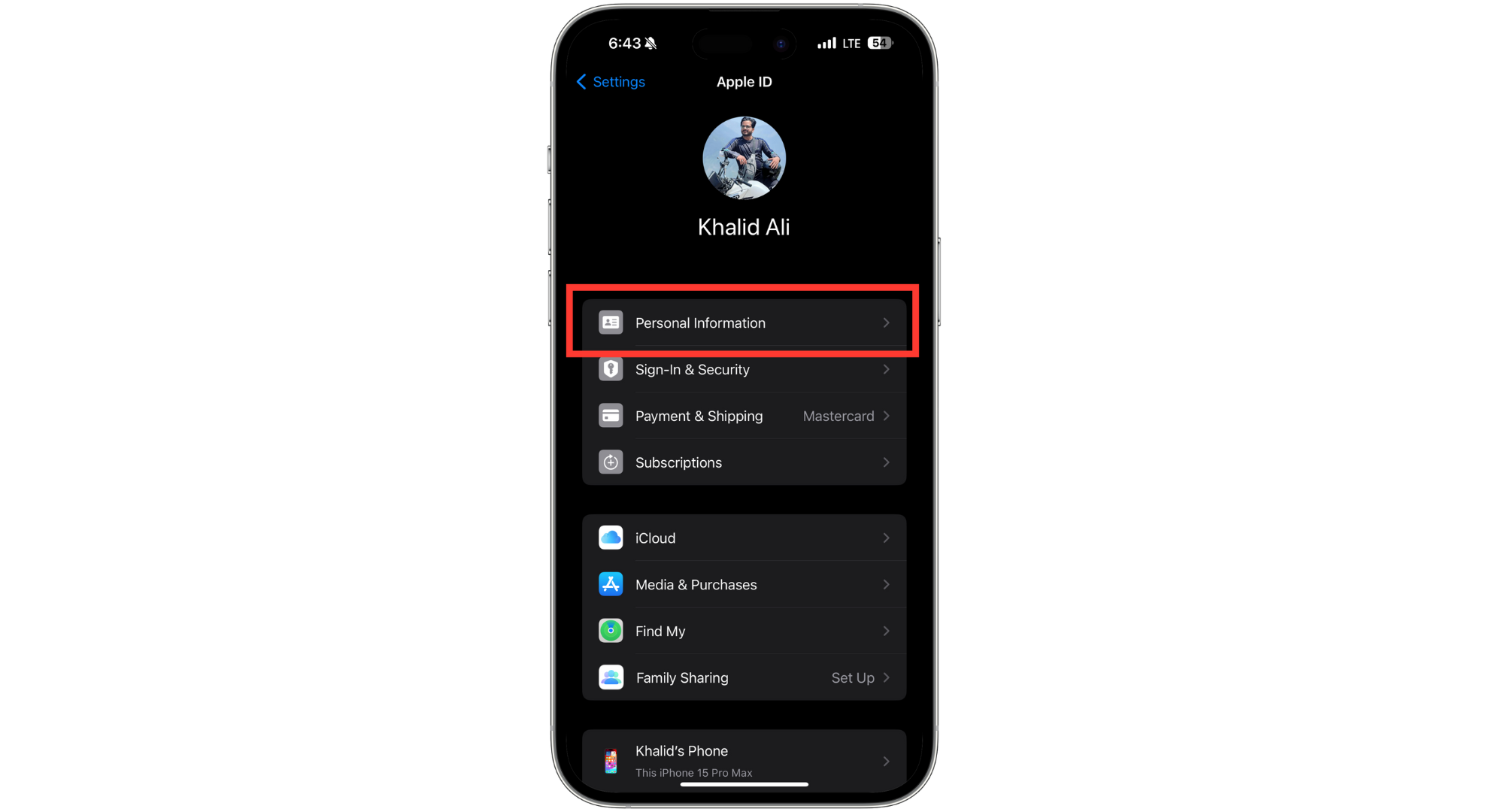 Tap on Personal Information