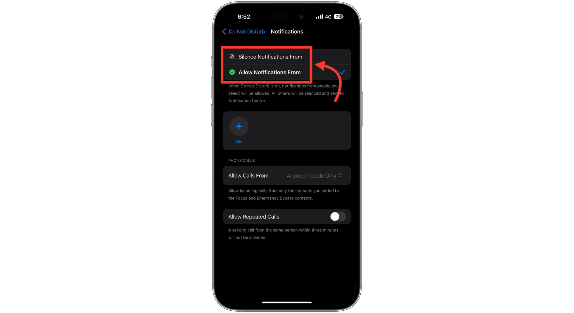  You'll find two options Silence Notifications From and Allow Notifications From