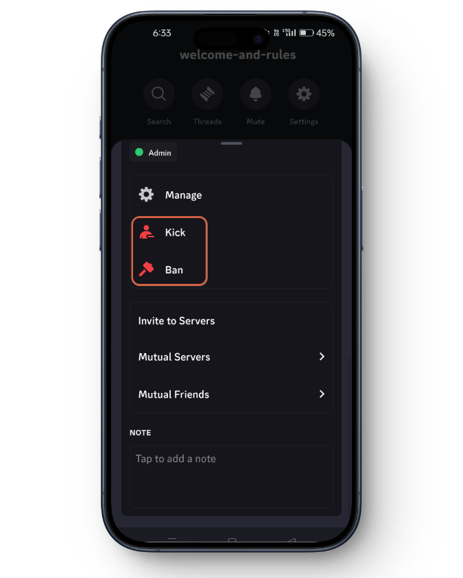 Kick or Ban on Discord Mobile