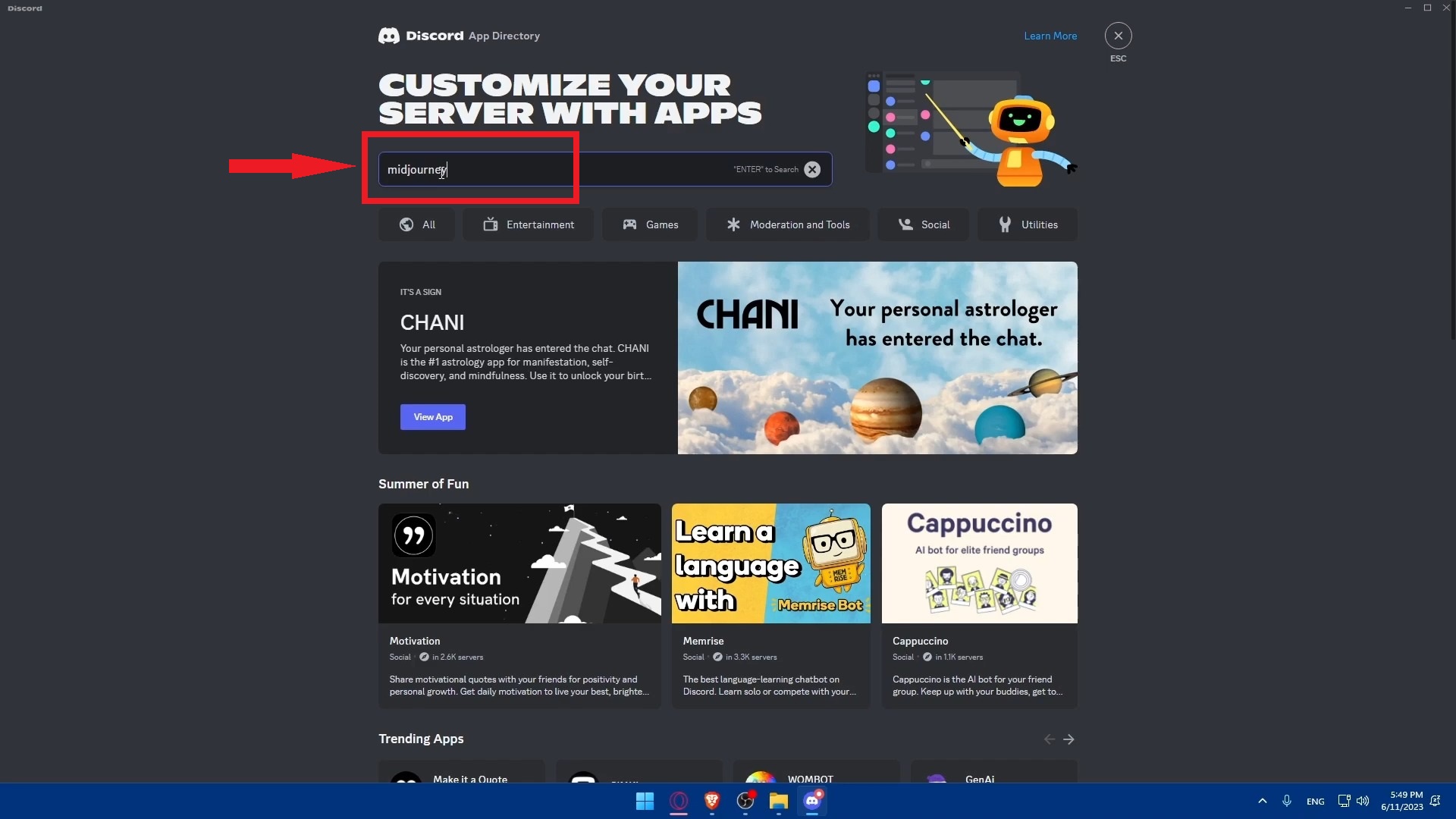 Type Midjourney in the search bar