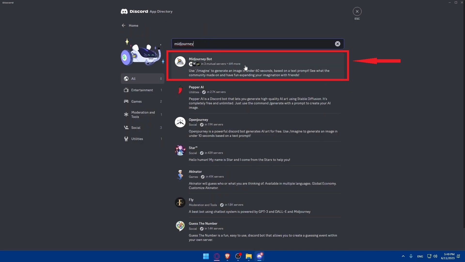 Choose Midjourney Bot from the results